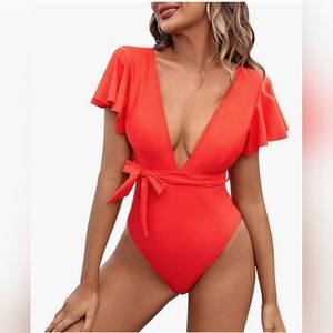Womens Ruffle Bathing Suit V Neck